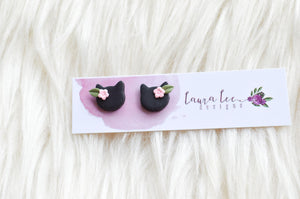 Clay Cats Stud Earrings || Black with Light Pink Flowers || Made to Order