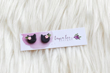 Clay Cats Stud Earrings || Black with Light Pink Flowers || Made to Order
