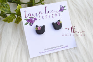 Clay Cats Stud Earrings || Black with Purple Flowers