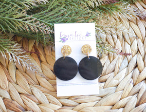 Stud Circle Resin Earrings || Black and Gold Glitter