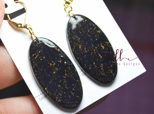 Small Jackie Oval Clay Earrings || Black and Gold Swirl