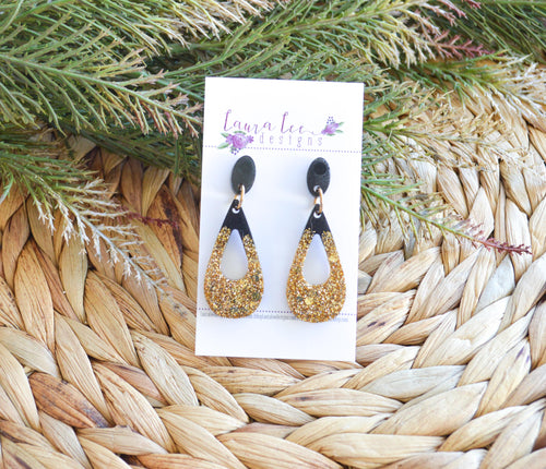 Stud Teardrop Resin Earrings || Gold and Black Glitter