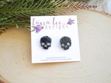 Resin Skull Stud Earrings || Black Glitter