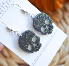 Small Skull Resin Earrings || Black Rainbow Glitter