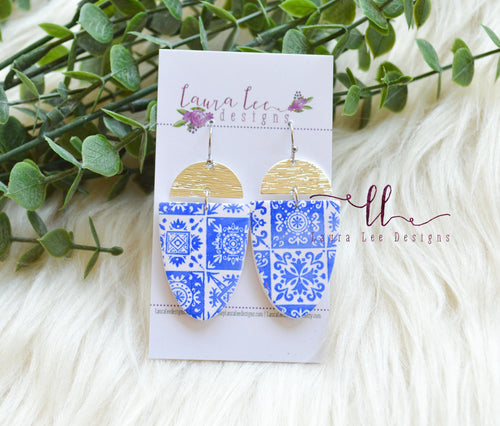 Bluebell Clay Earrings || Blue and White Tiles