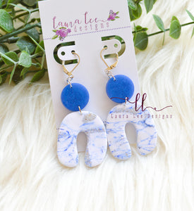 Curved Nova Small Arch Clay Earrings || Blue and White Marble
