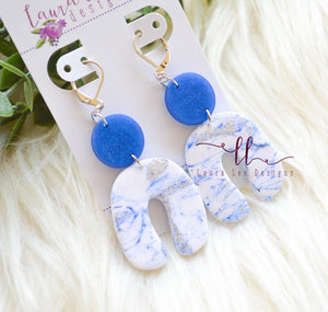 Curved Nova Small Arch Clay Earrings || Blue and White Marble