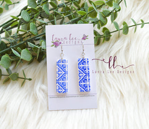 Small Clay Bar Drop Earrings || Blue and White || Made to Order