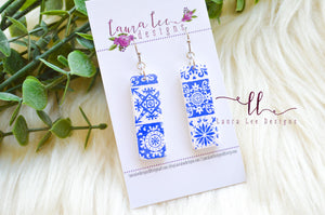 Small Clay Bar Drop Earrings || Blue and White Tiles