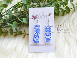 Small Clay Bar Drop Earrings || Blue and White Tiles