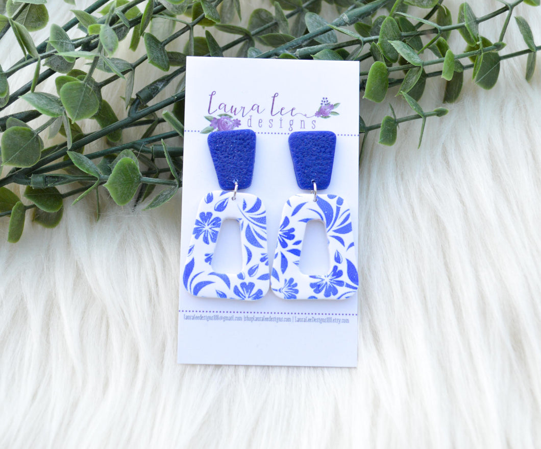 Vinnie Clay Earrings || Blue and White Floral || Made to Order