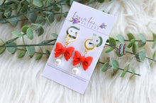 Bow Clay Earrings || Bright Red with Pearls || Made to Order