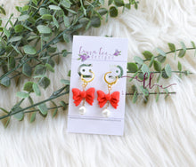 Bow Clay Earrings || Bright Red with Pearls || Made to Order