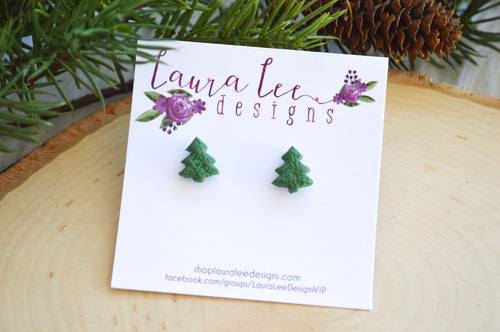 Christmas Tree Clay Stud Earrings || Green