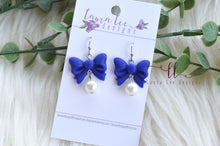 Bow Clay Earrings || Cobalt Blue with Pearls || Made to Order