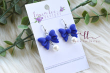 Bow Clay Earrings || Cobalt Blue with Pearls || Made to Order