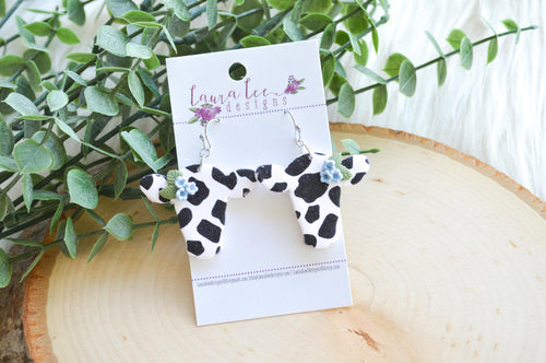 Cow Clay Earrings || Black and White with Blue Flowers || Made to Order