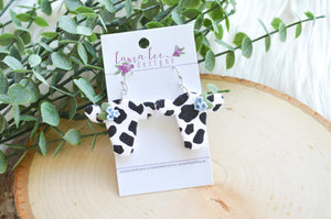 Cow Clay Earrings || Black and White with Blue Flowers || Made to Order