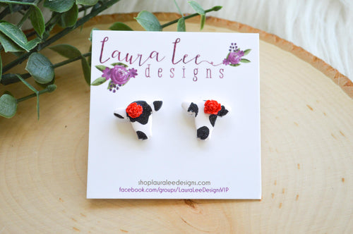 Cow Print Stud Earrings || Black and White with Red Flower|| Made to Order