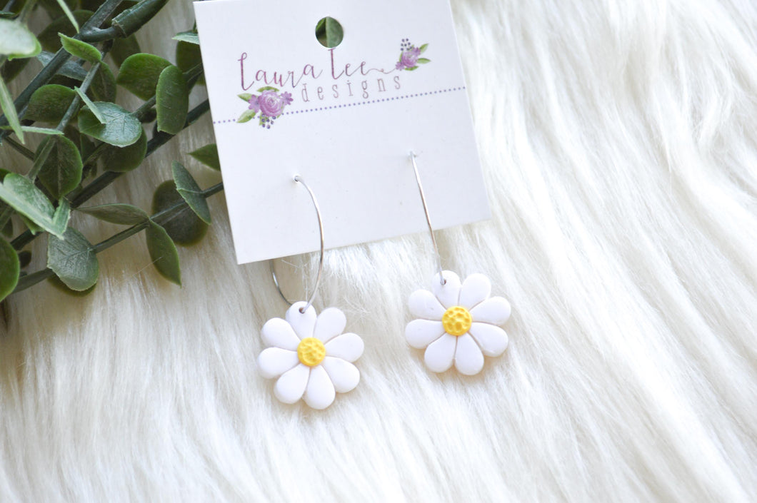 Daisy Clay Earrings || White on Hoops