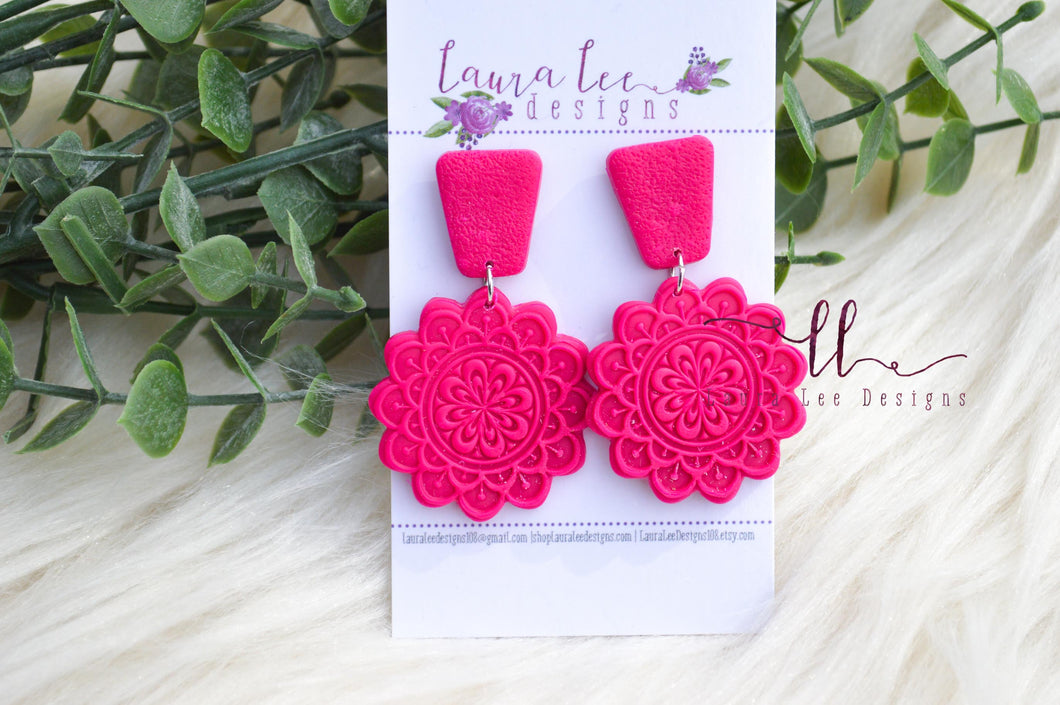 Mandala Clay Earrings || Dark Pink || Made to Order