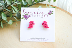 Dinosaur Clay Stud Earrings || Dark Pink Triceratops || Made to Order