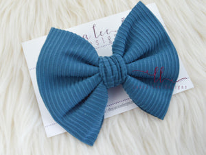 Large Julia Messy Bow Style Bow || Dusty Blue Rib Knit || Clip Only