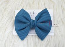 Large Julia Messy Bow Style Bow || Dusty Blue Rib Knit || Clip Only
