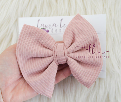 Large Julia Messy Bow Style Bow || Dusty Rose Rib Knit || Clip Only