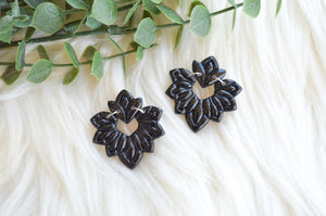 Fancy Lotus Clay Earrings || Black Galaxy Glitter