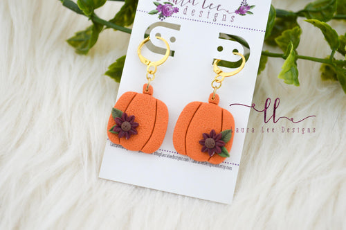 Fat Pumpkins Clay Earrings || Orange with Burgundy Floral
