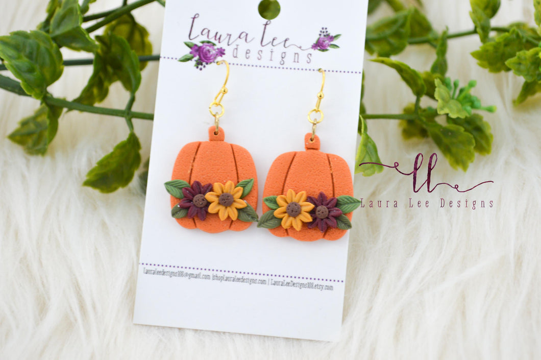 Fat Pumpkins Clay Earrings || Orange with Burgundy and Mustard Yellow Floral