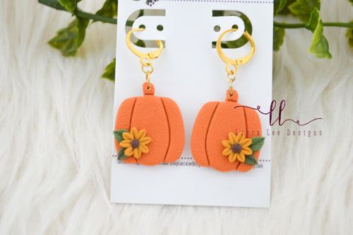 Fat Pumpkins Clay Earrings || Orange with Mustard Yellow Floral