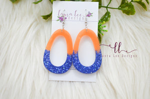 Fat Teardrop Resin Earrings || Orange and Blue Glitter