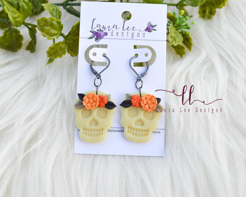 Skull Clay Earrings || GLOW IN THE DARK || Halloween Floral Skulls