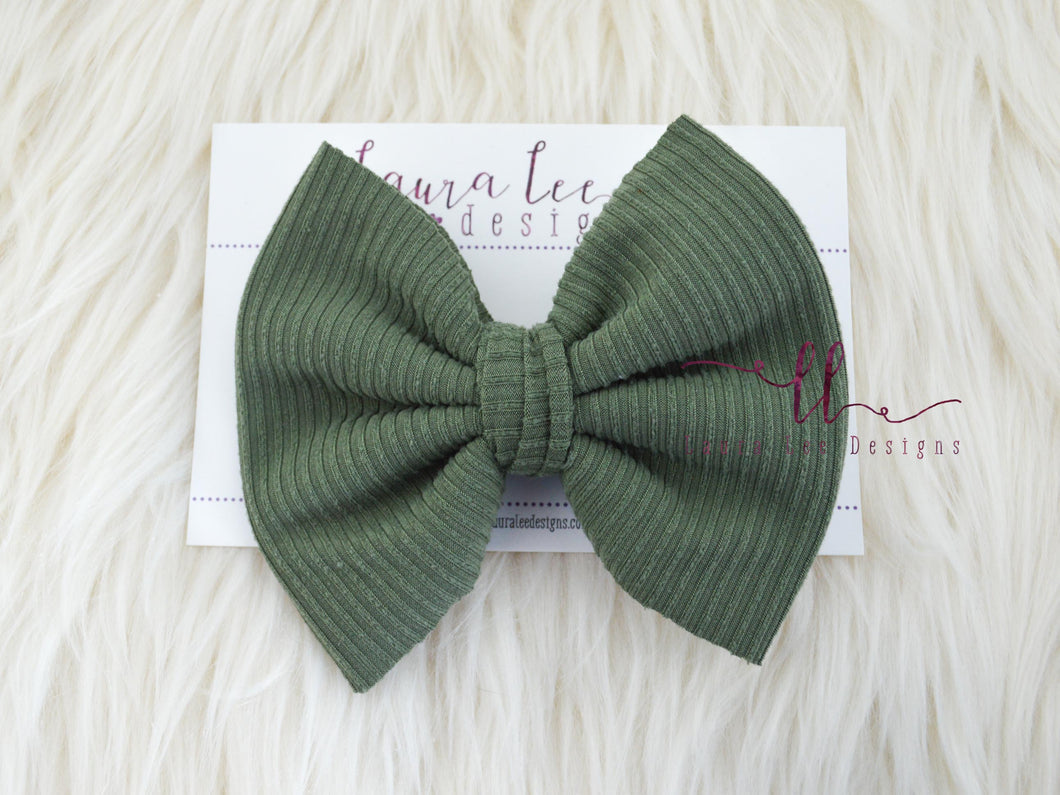 Large Julia Messy Bow Style Bow || Forest Green Rib Knit || Clip Only