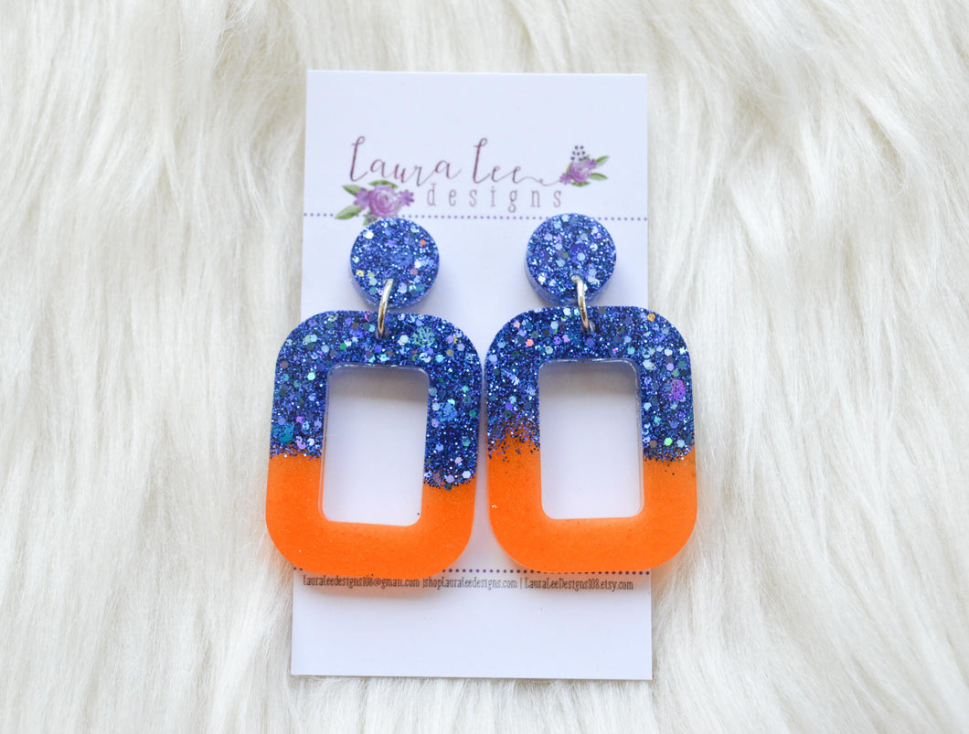 Rounded Rectangle Resin Earrings || Blue and Orange
