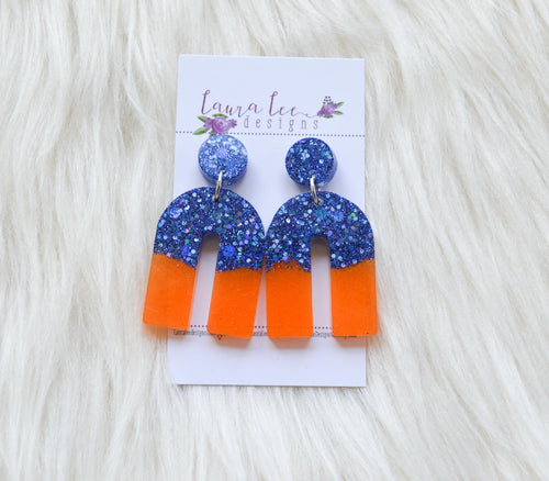 Stud Arch Resin Earrings || Blue and Orange Glitter