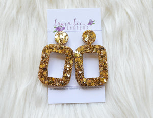 Rounded Rectangle Resin Earrings || Gold Glitter