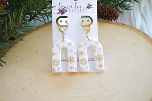 Nova Large Arch Clay Earrings || White and Gold Snowflakes || Made to Order
