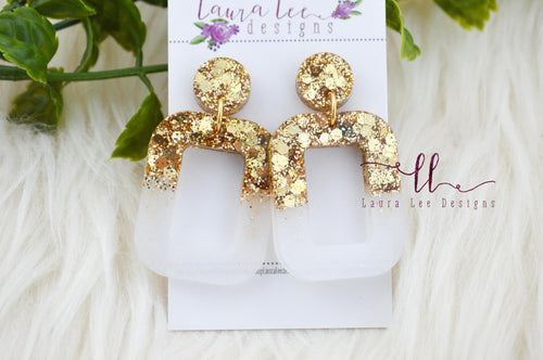 Rounded Rectangle Resin Earrings || Gold and White Glitter