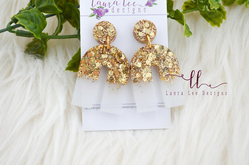 Stud Arch Resin Earrings || White and Gold Glitter