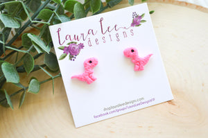 Dinosaur Clay Stud Earrings || Hot Pink T-Rex || Made to Order