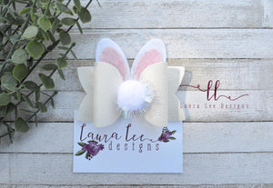 Izzy Style Bunny Bow || Off White with Light Pink Glitter Ears