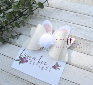 Izzy Style Bunny Bow || Off White with Light Pink Glitter Ears