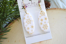 Jackie Oval Clay Earrings || White and Gold Snowflakes || Made to Order