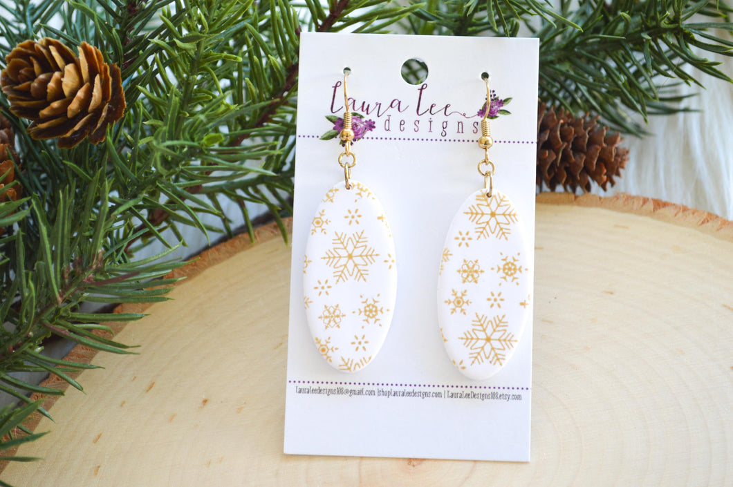 Jackie Oval Clay Earrings || White and Gold Snowflakes || Made to Order