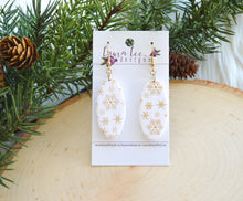 Jackie Oval Clay Earrings || White and Gold Snowflakes || Made to Order