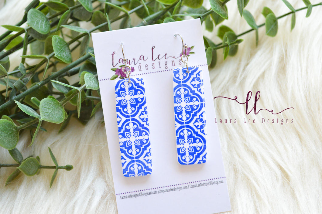 Large Clay Bar Drop Earrings || Blue and White
