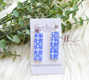 Large Clay Bar Drop Earrings || Blue and White